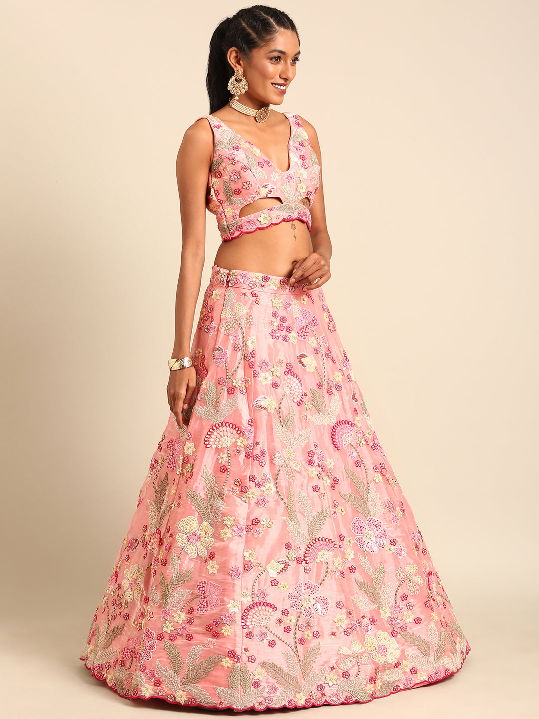 Pink Organza Sequins and Zarkan embroidery Semi-Stitched Lehenga choli & Dupatta
