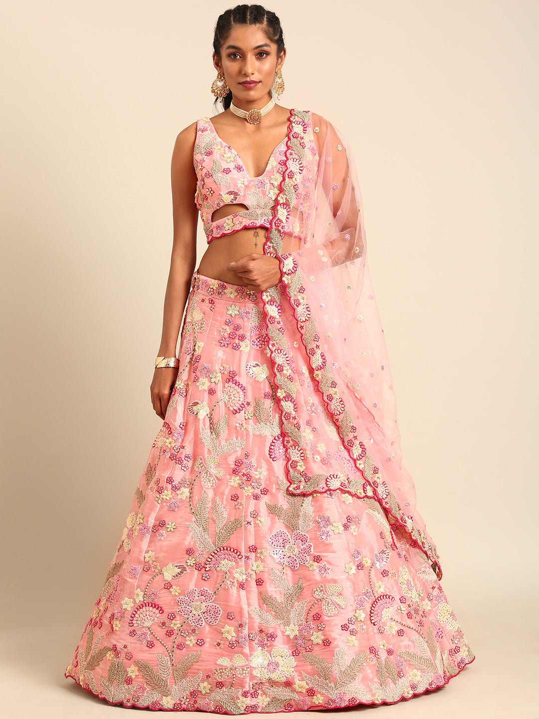 Pink Organza Sequins and Zarkan embroidery Semi-Stitched Lehenga choli & Dupatta
