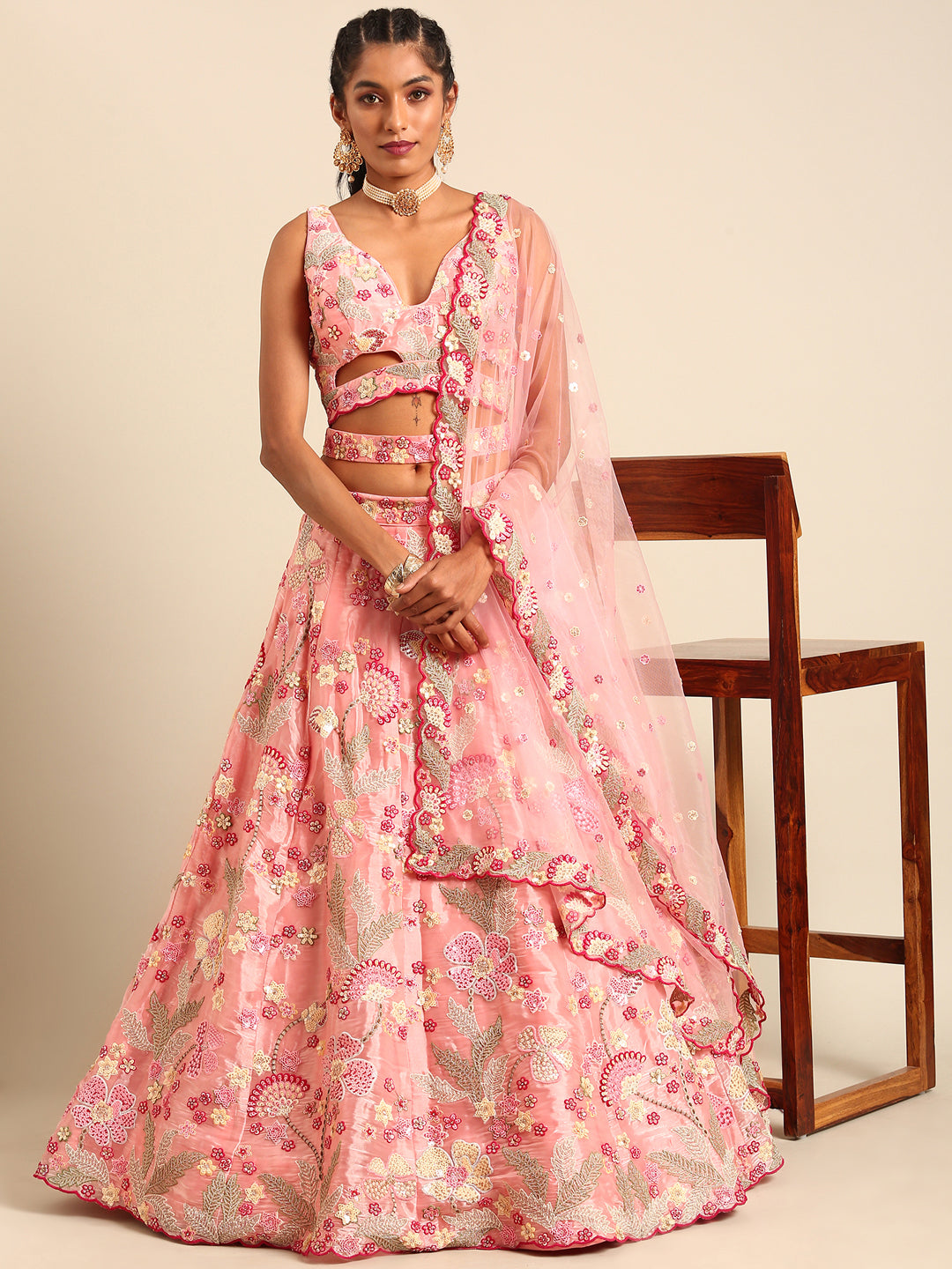 Pink Organza Sequins and Zarkan embroidery Semi-Stitched Lehenga choli & Dupatta