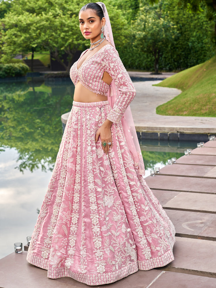 Pink Organza Sequins embroidery Semi-Stitched Lehenga choli & Dupatta