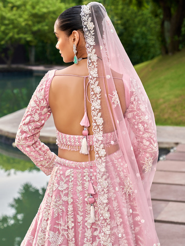 Pink Organza Sequins embroidery Semi-Stitched Lehenga choli & Dupatta