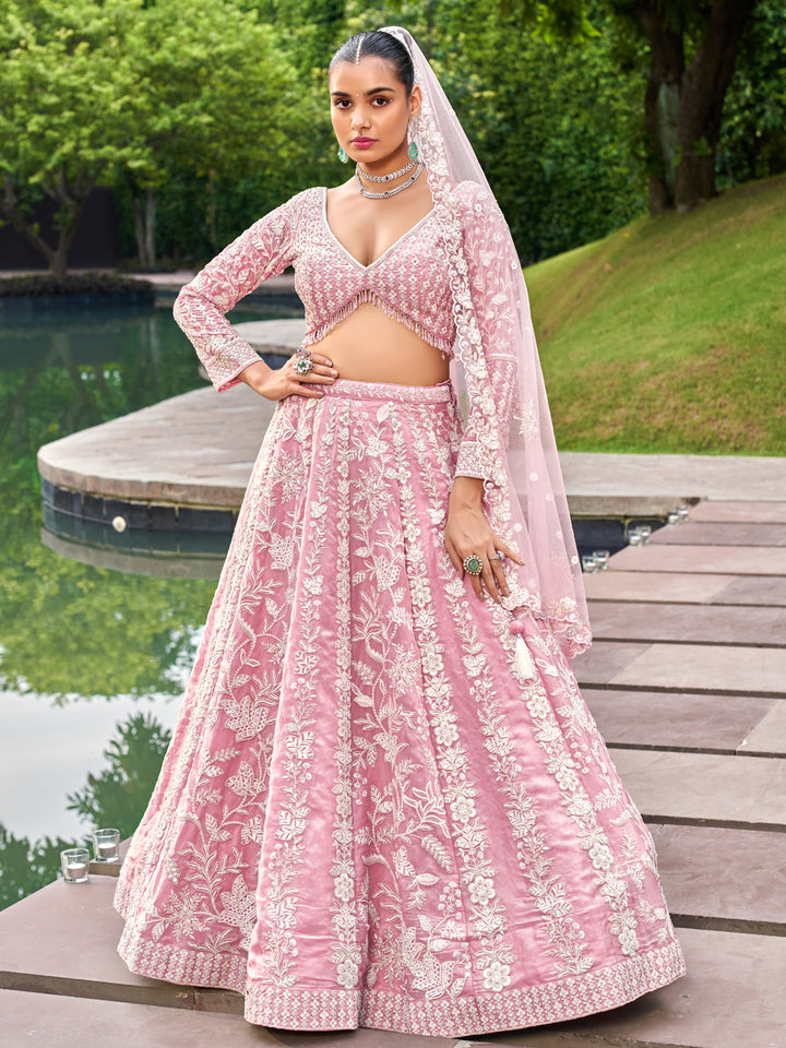 Pink Organza Sequins embroidery Semi-Stitched Lehenga choli & Dupatta