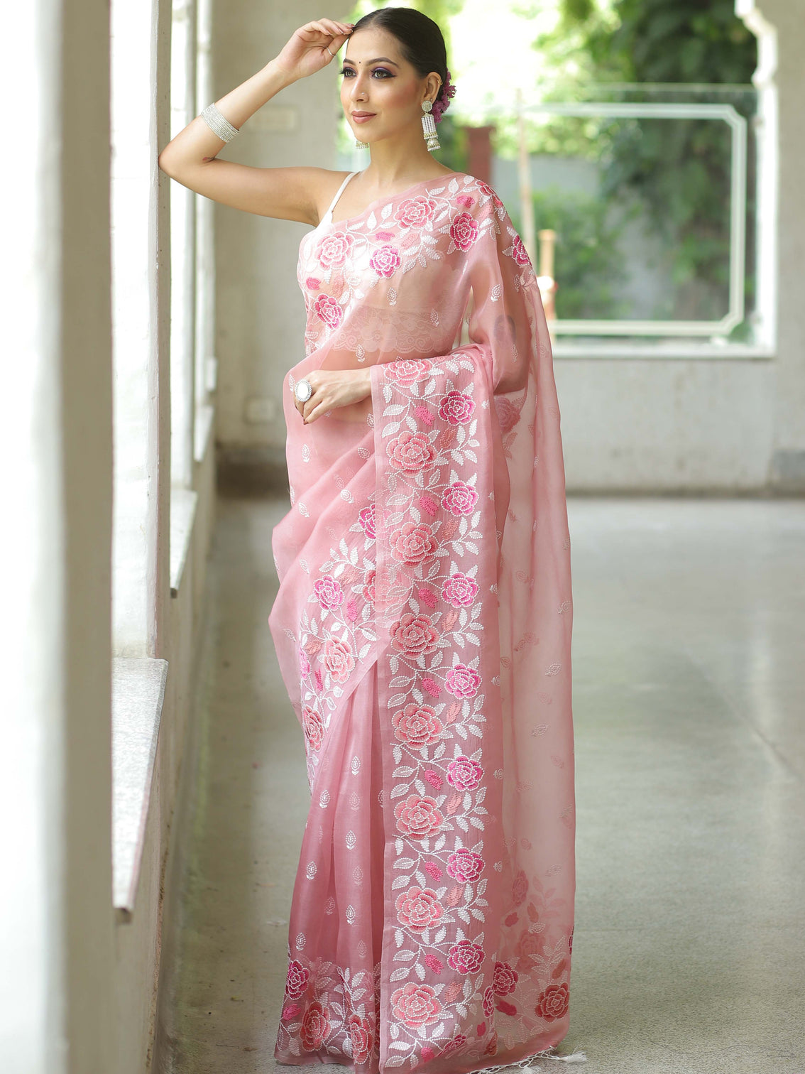 Pink Organza Silk Saree with Resham Floral Embroidery