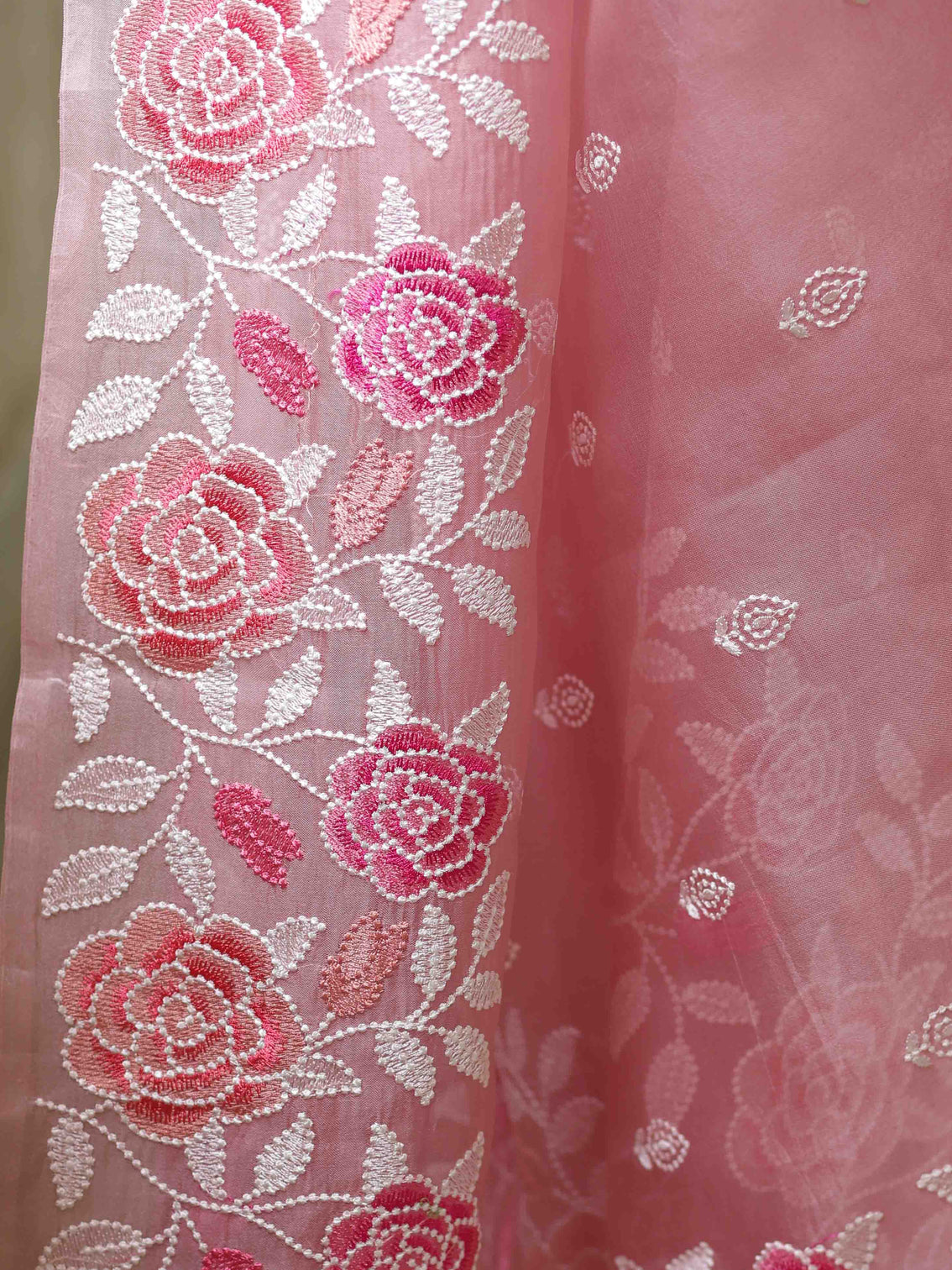 Pink Organza Silk Saree with Resham Floral Embroidery