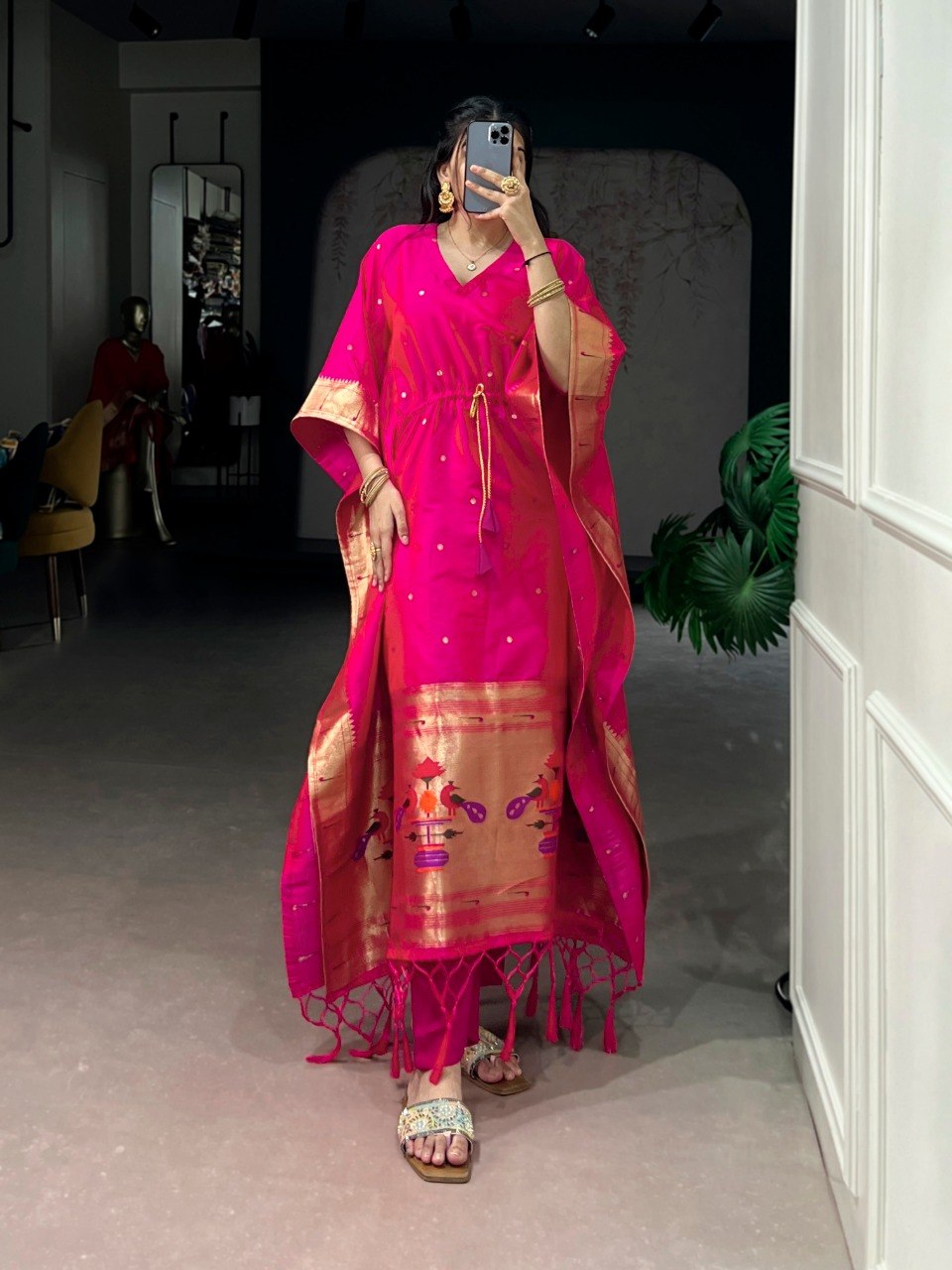 Pink Paithani Zari Weaving Kaftan