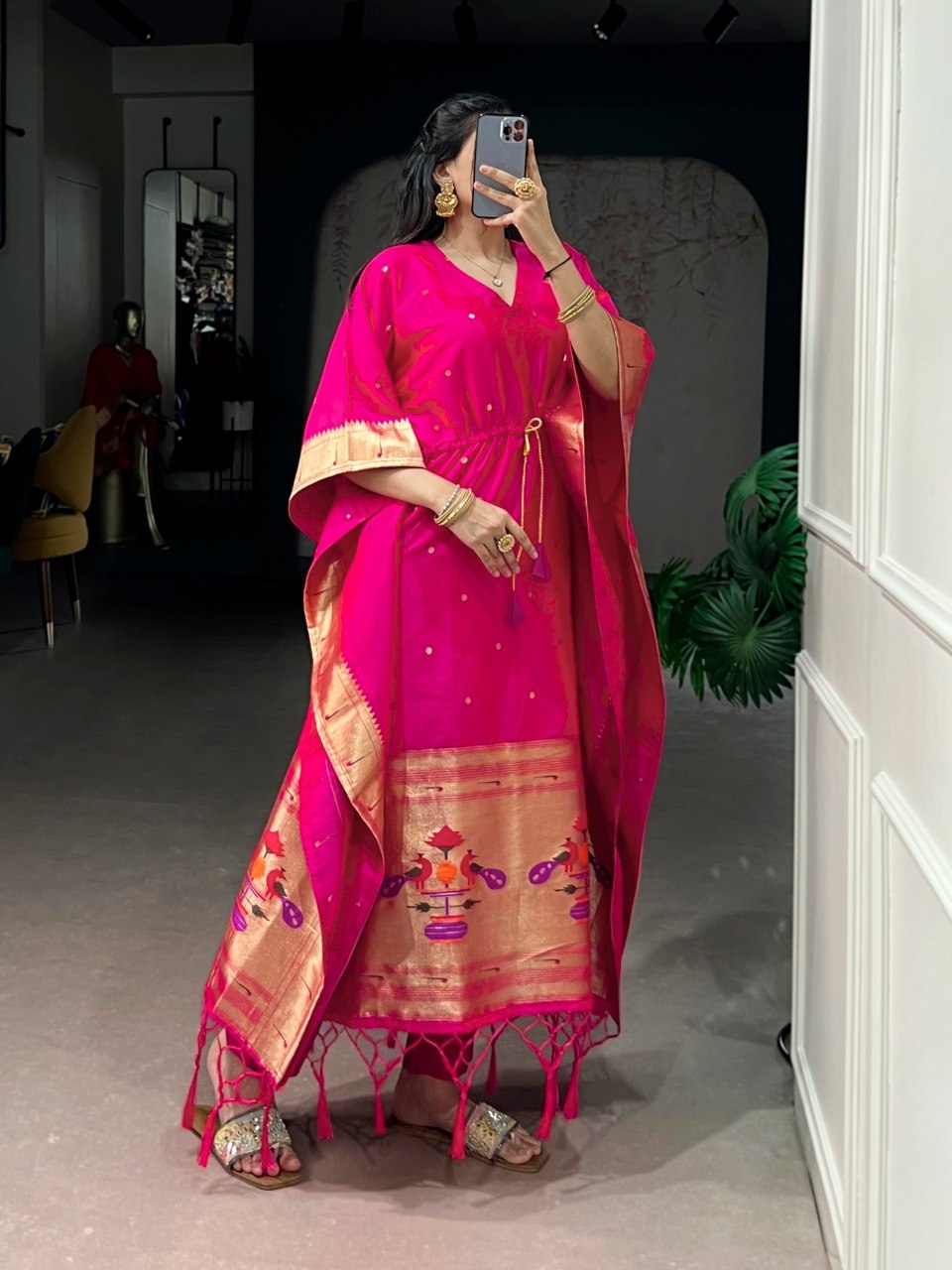 Pink Paithani Zari Weaving Kaftan