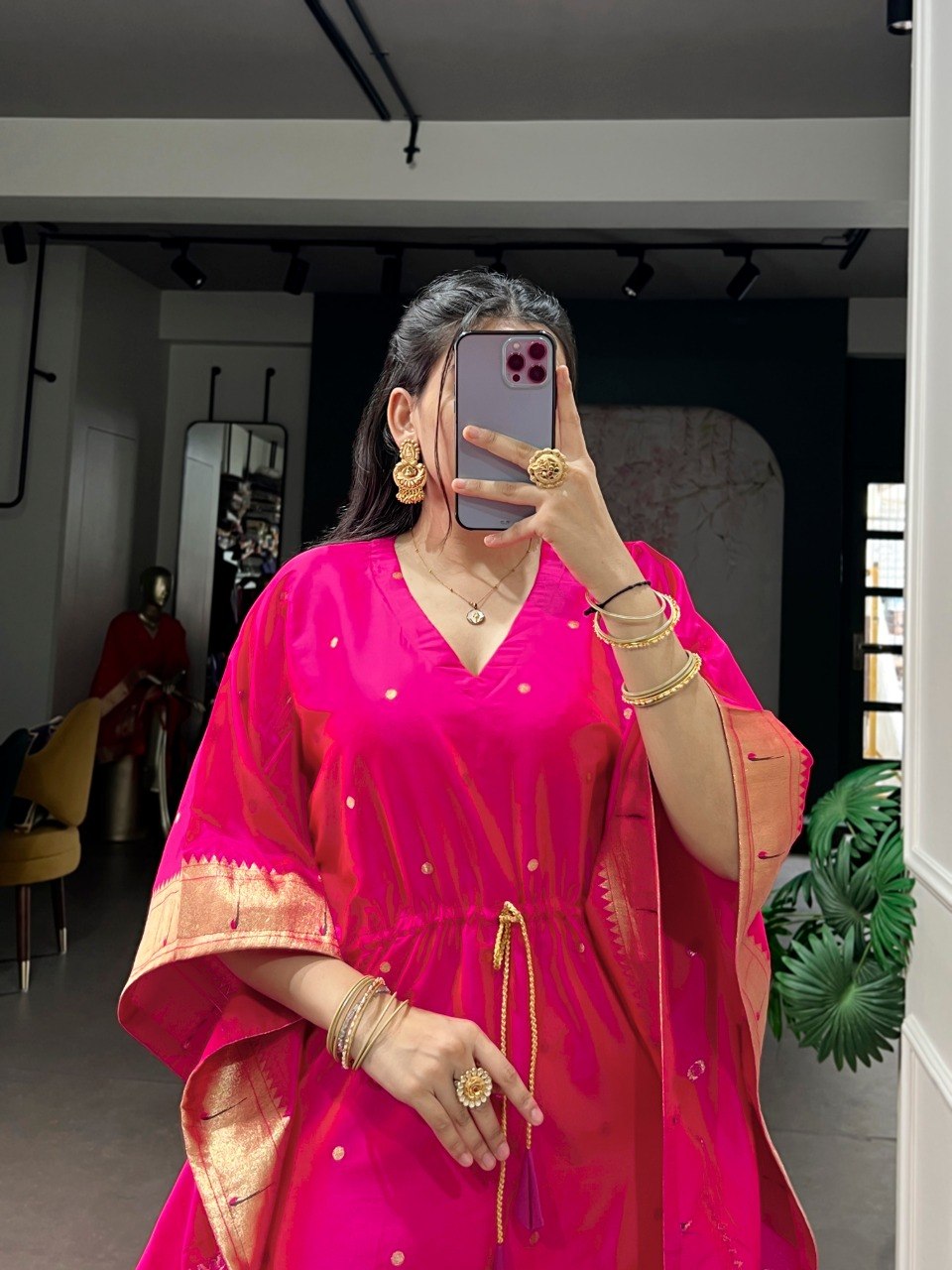 Pink Paithani Zari Weaving Kaftan