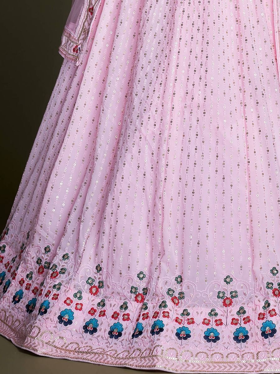 Pink Pakistani Georgette Lehenga Choli For Indian Festivals & Weddings - Sequence Embroidery Work, Thread Embroidery Work,
