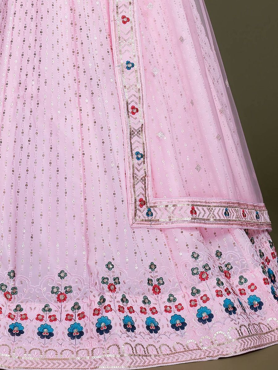 Pink Pakistani Georgette Lehenga Choli For Indian Festivals & Weddings - Sequence Embroidery Work, Thread Embroidery Work,