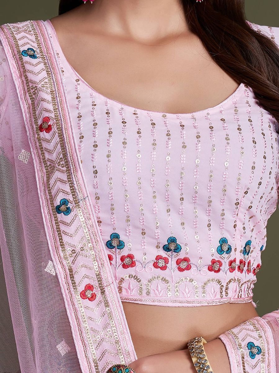 Pink Pakistani Georgette Lehenga Choli For Indian Festivals & Weddings - Sequence Embroidery Work, Thread Embroidery Work,
