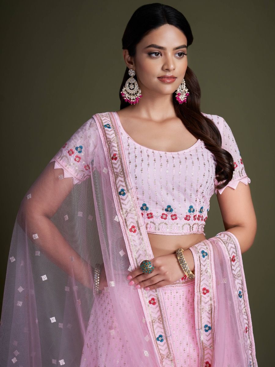 Pink Pakistani Georgette Lehenga Choli For Indian Festivals & Weddings - Sequence Embroidery Work, Thread Embroidery Work,