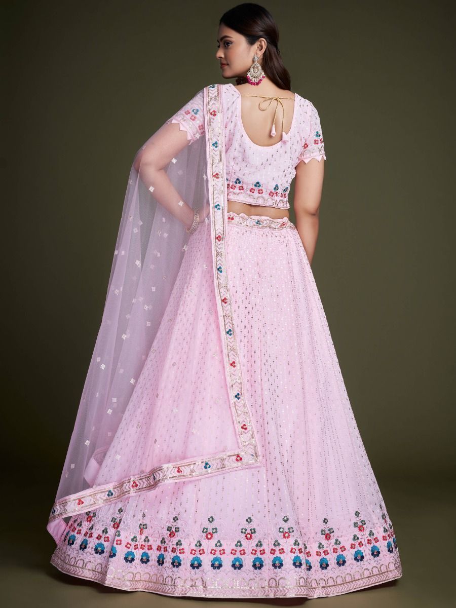 Pink Pakistani Georgette Lehenga Choli For Indian Festivals & Weddings - Sequence Embroidery Work, Thread Embroidery Work,