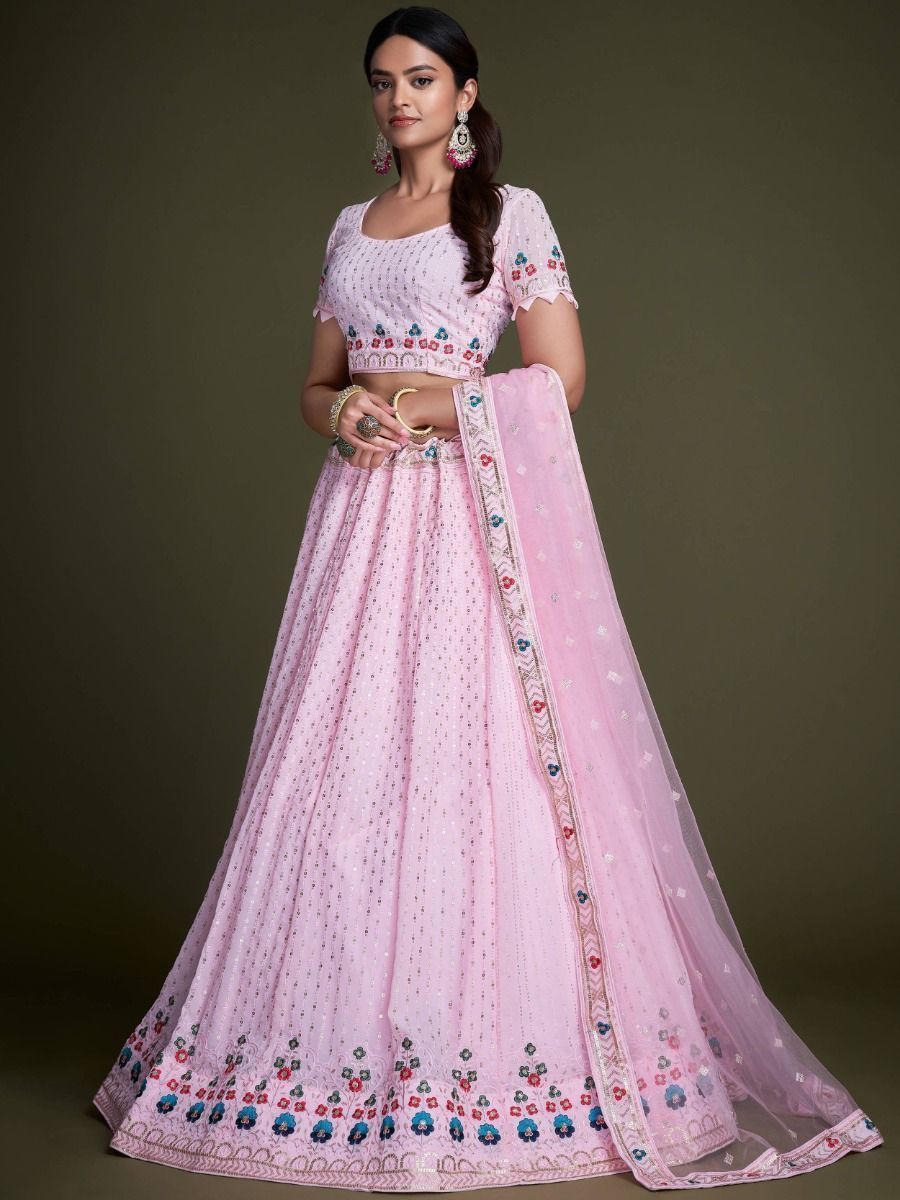 Pink Pakistani Georgette Lehenga Choli For Indian Festivals & Weddings - Sequence Embroidery Work, Thread Embroidery Work,