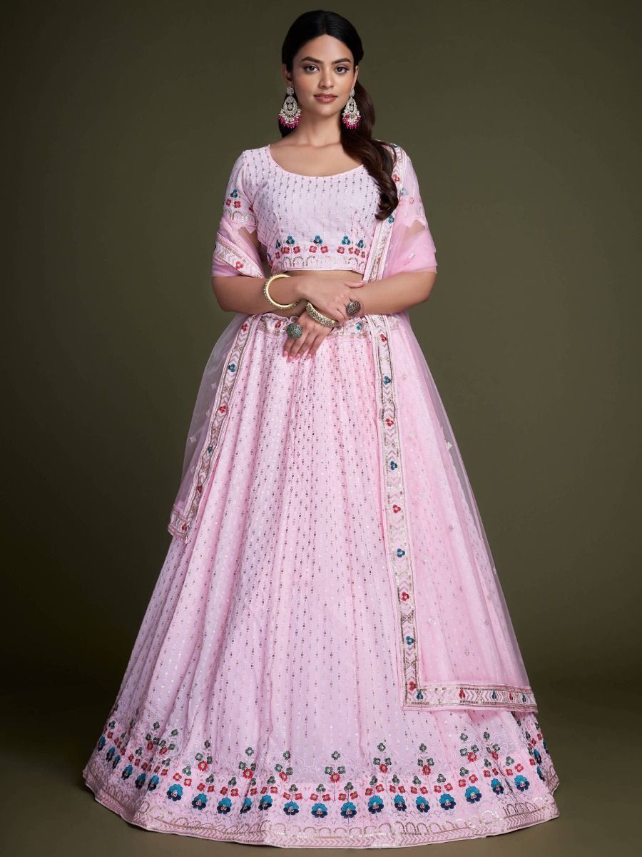Pink Pakistani Georgette Lehenga Choli For Indian Festivals & Weddings - Sequence Embroidery Work, Thread Embroidery Work,
