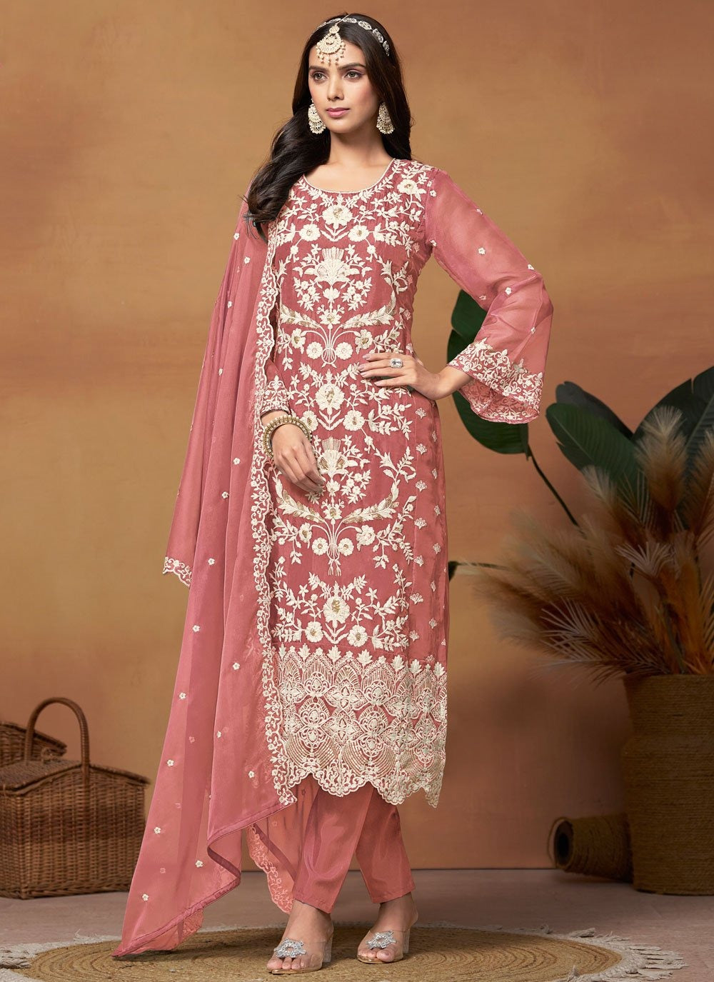 Charming pink pakistani plus size suit in organza with embroidery work