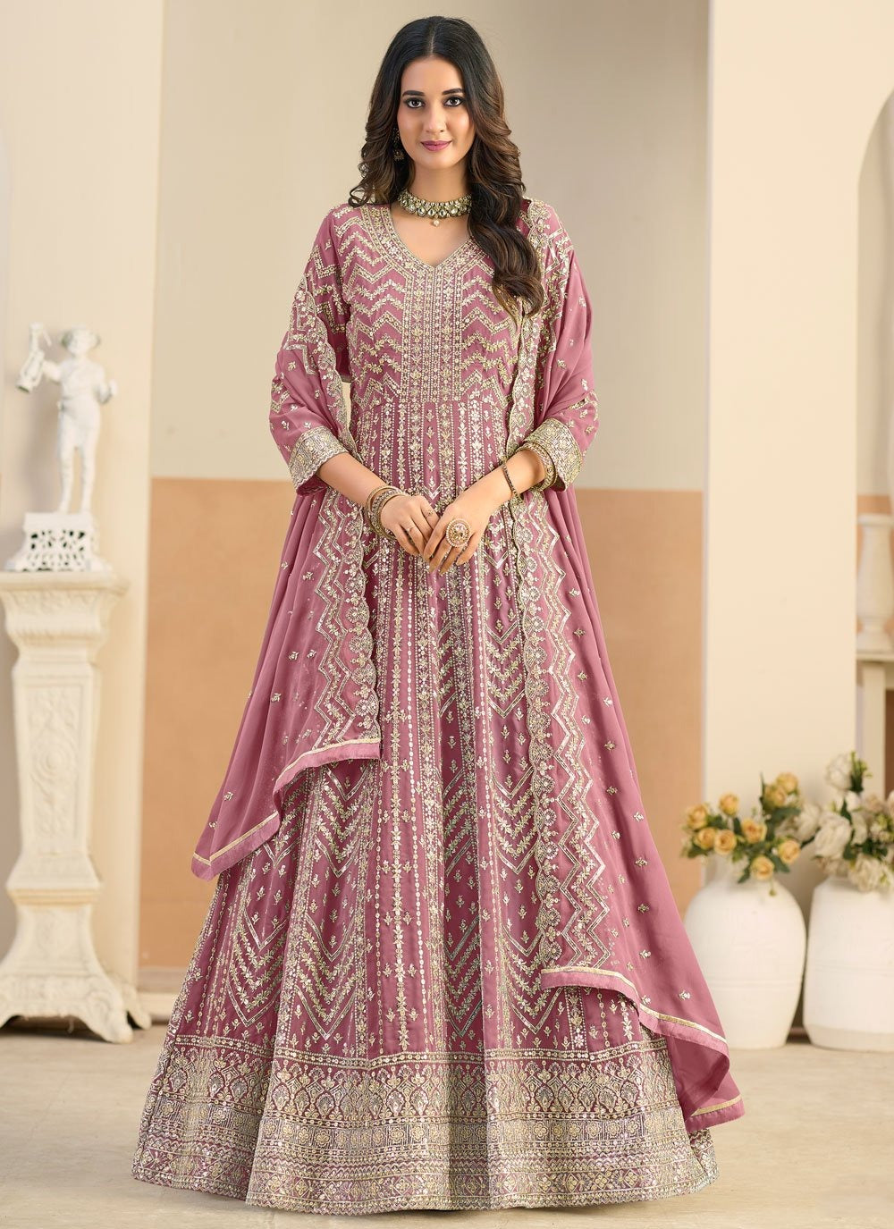 Stylish pink faux georgette party wear anarkali suit with heavy embroidery
