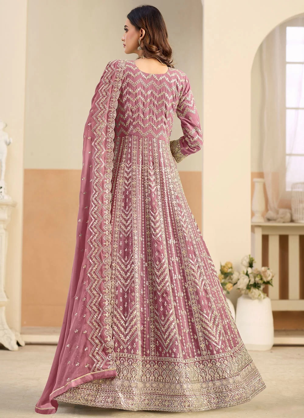 Stylish pink faux georgette party wear anarkali suit with heavy embroidery