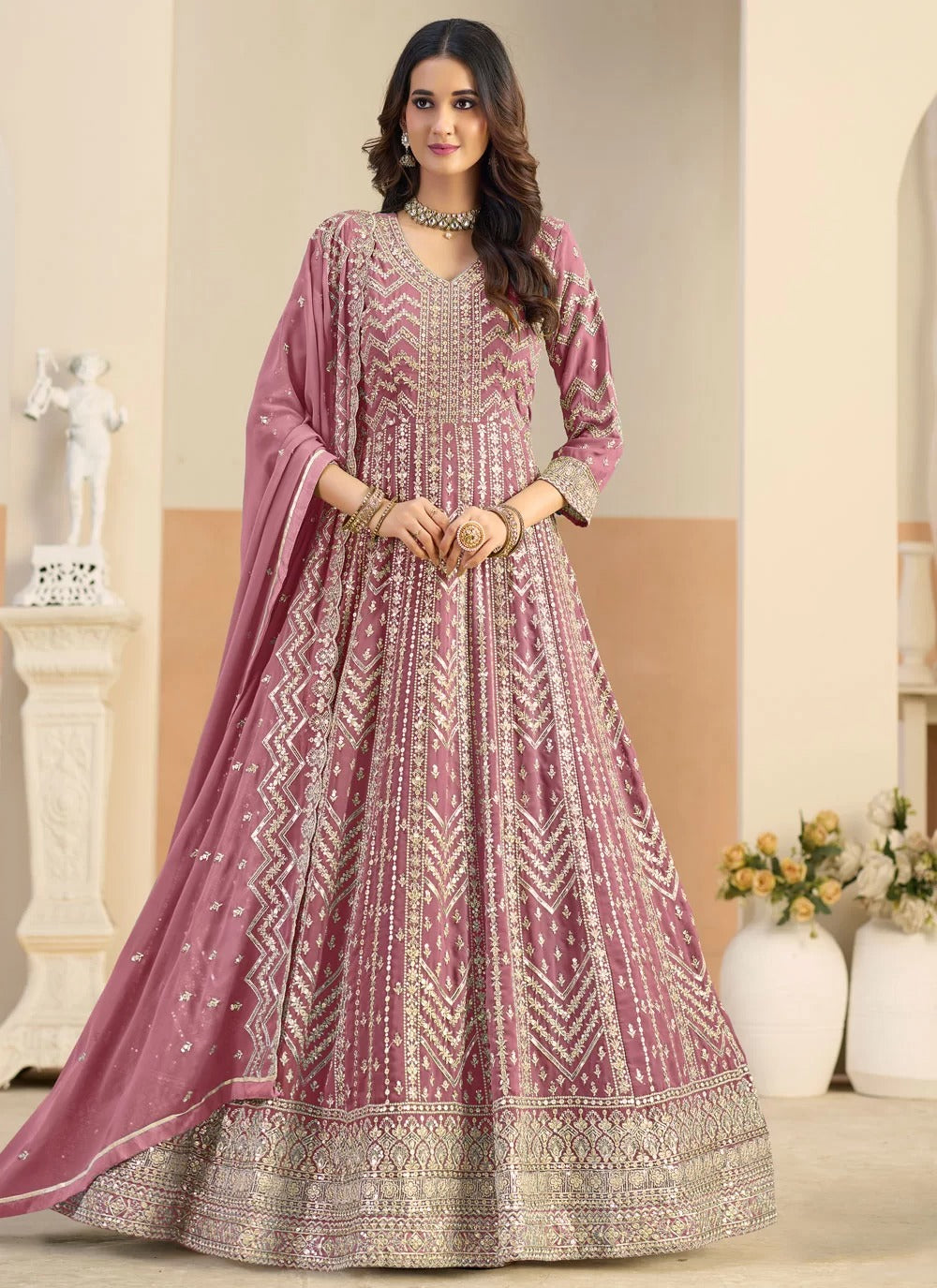 Stylish pink faux georgette party wear anarkali suit with heavy embroidery