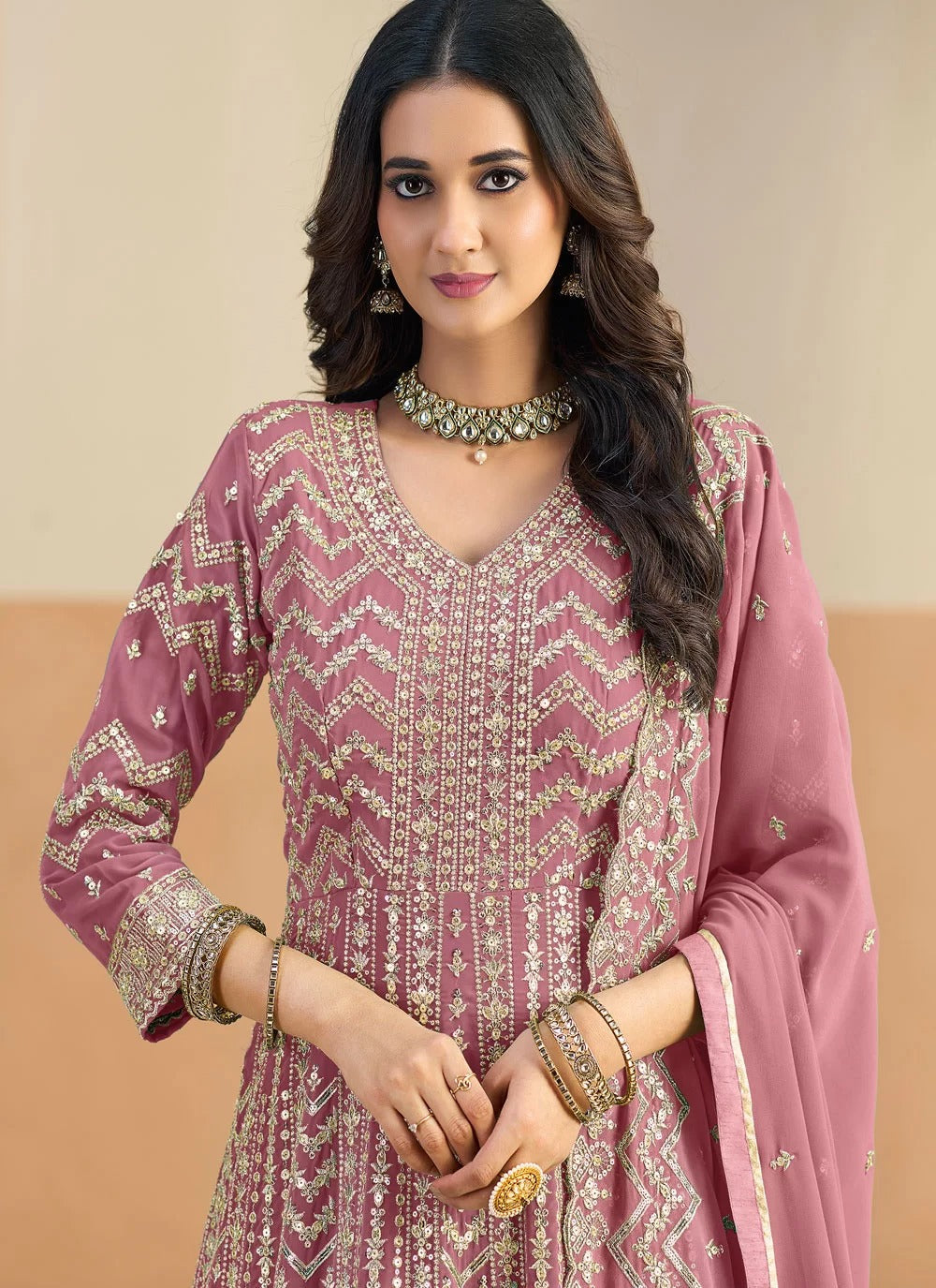 Stylish pink faux georgette party wear anarkali suit with heavy embroidery