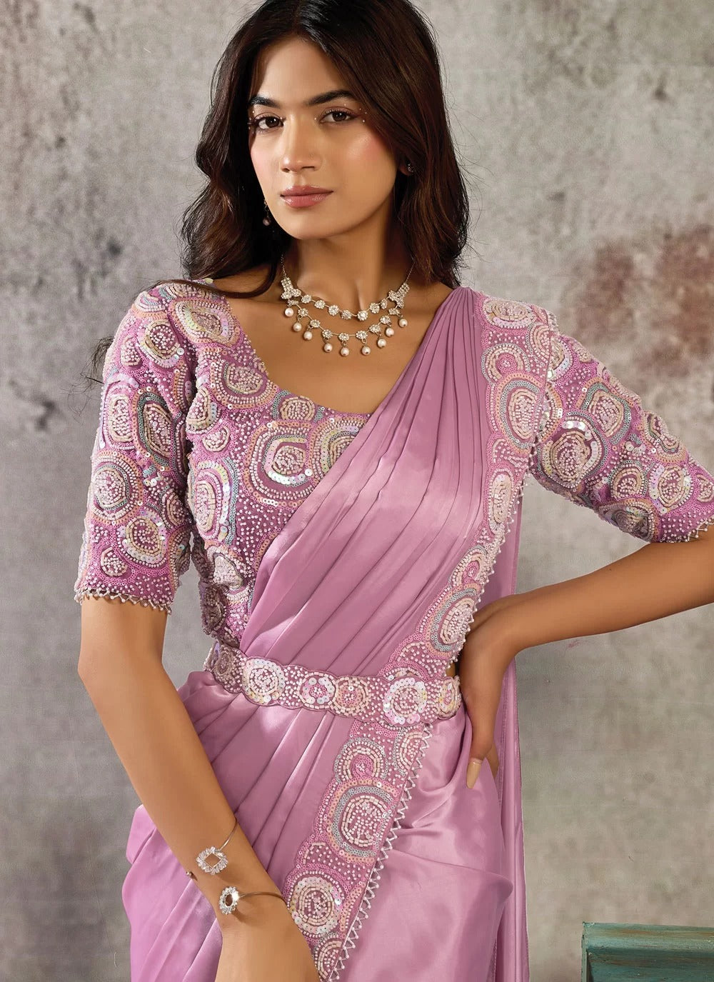 Pink satin ready to wear saree with sequins multi beads detailing