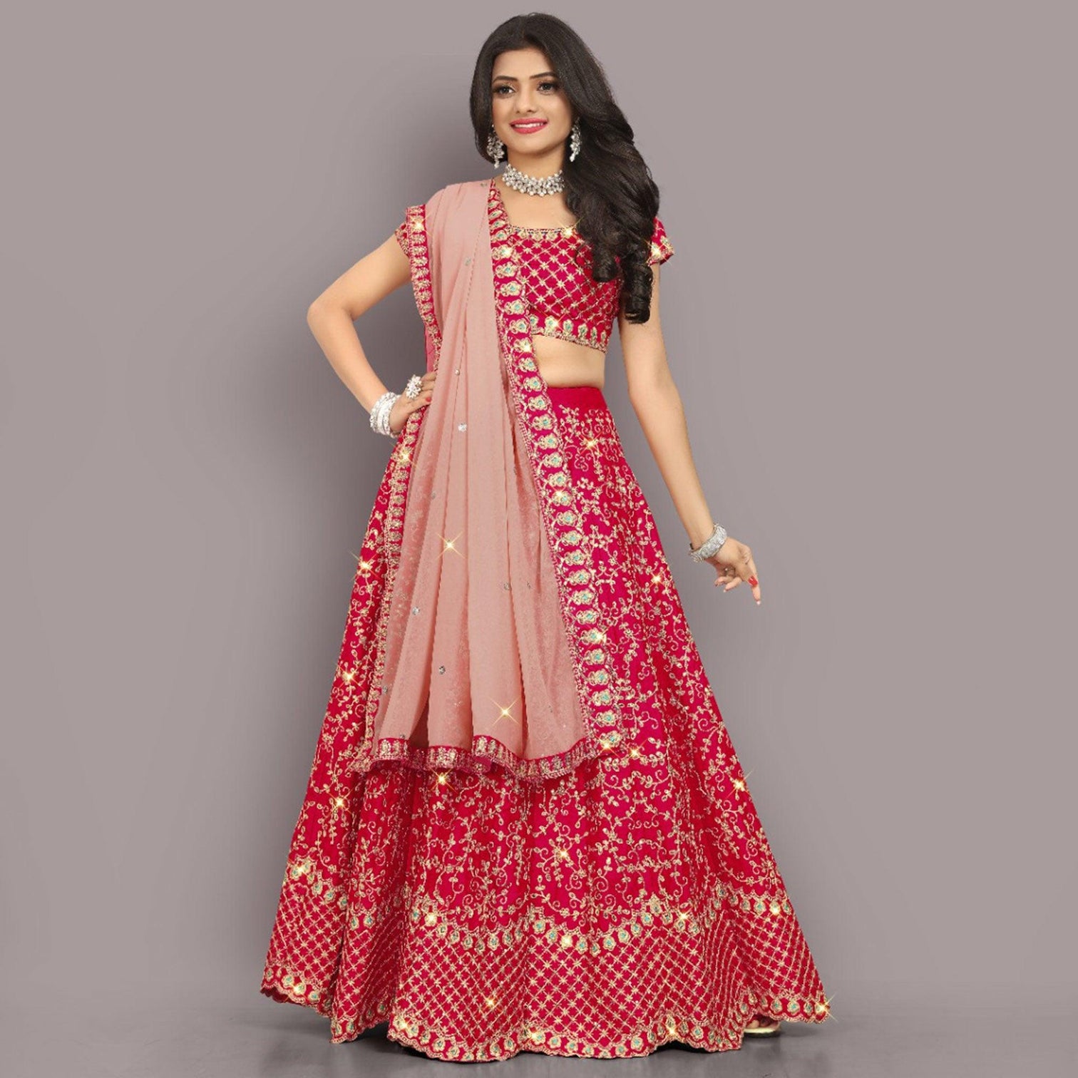 Pink Partywear Sequins Embroidery Satin Lehenga Choli
