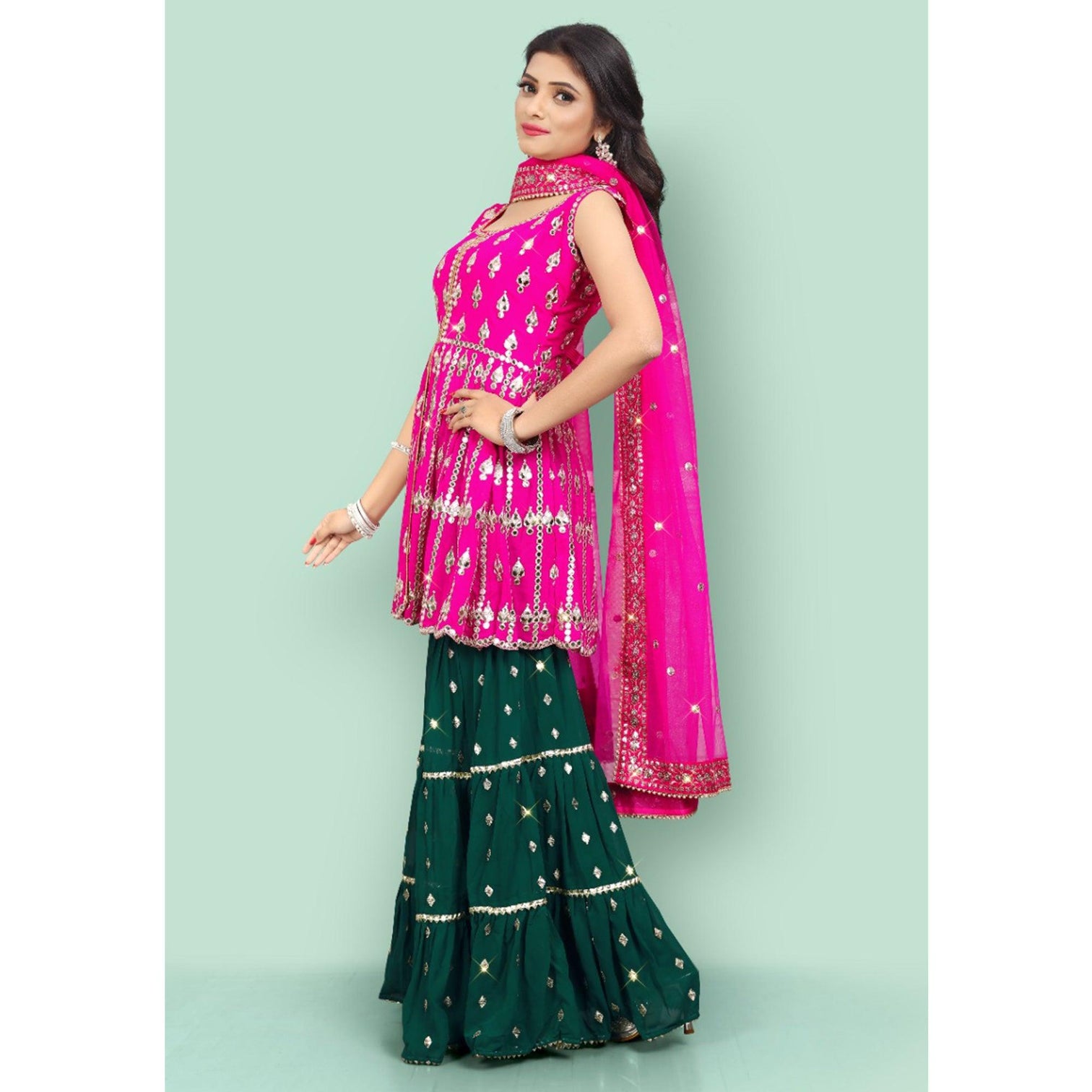 Pink Partywear Thread With Mirror Embroidered Georgette Sharara Suit