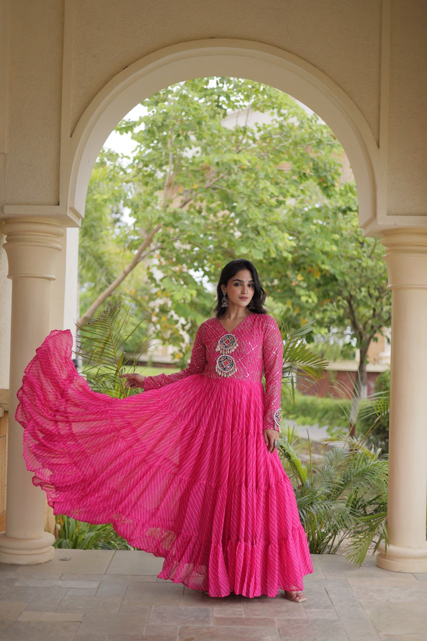 Pink Patchwork Laheriya Print Gown