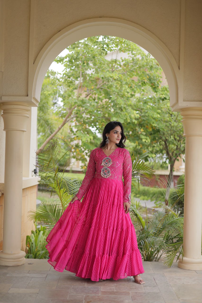 Pink Patchwork Laheriya Print Gown