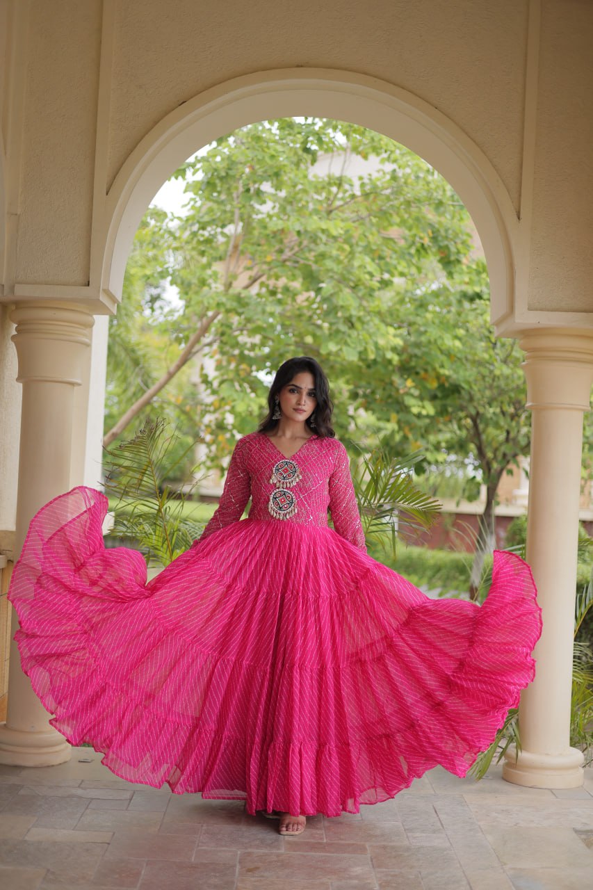 Pink Patchwork Laheriya Print Gown