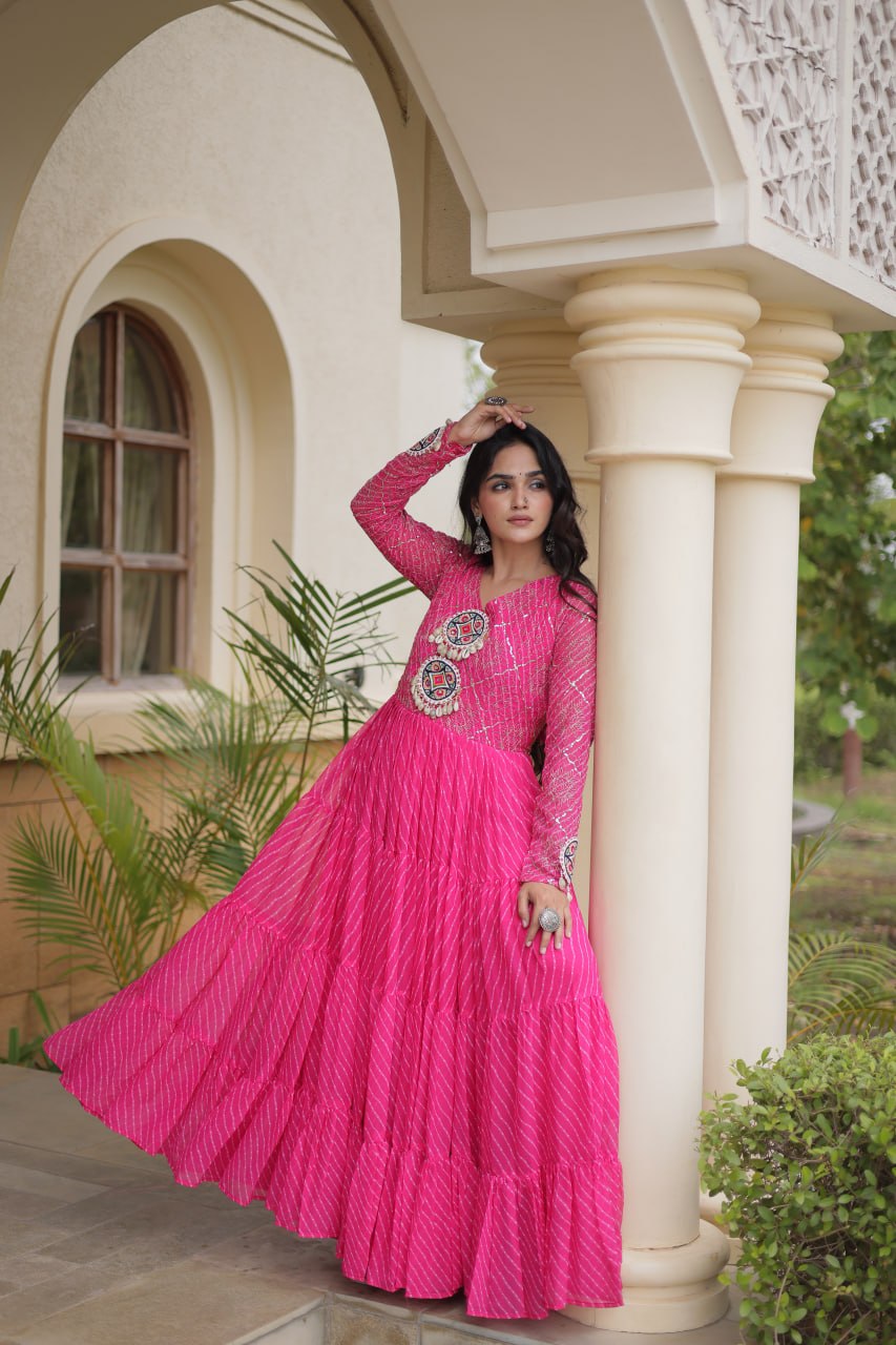 Pink Patchwork Laheriya Print Gown