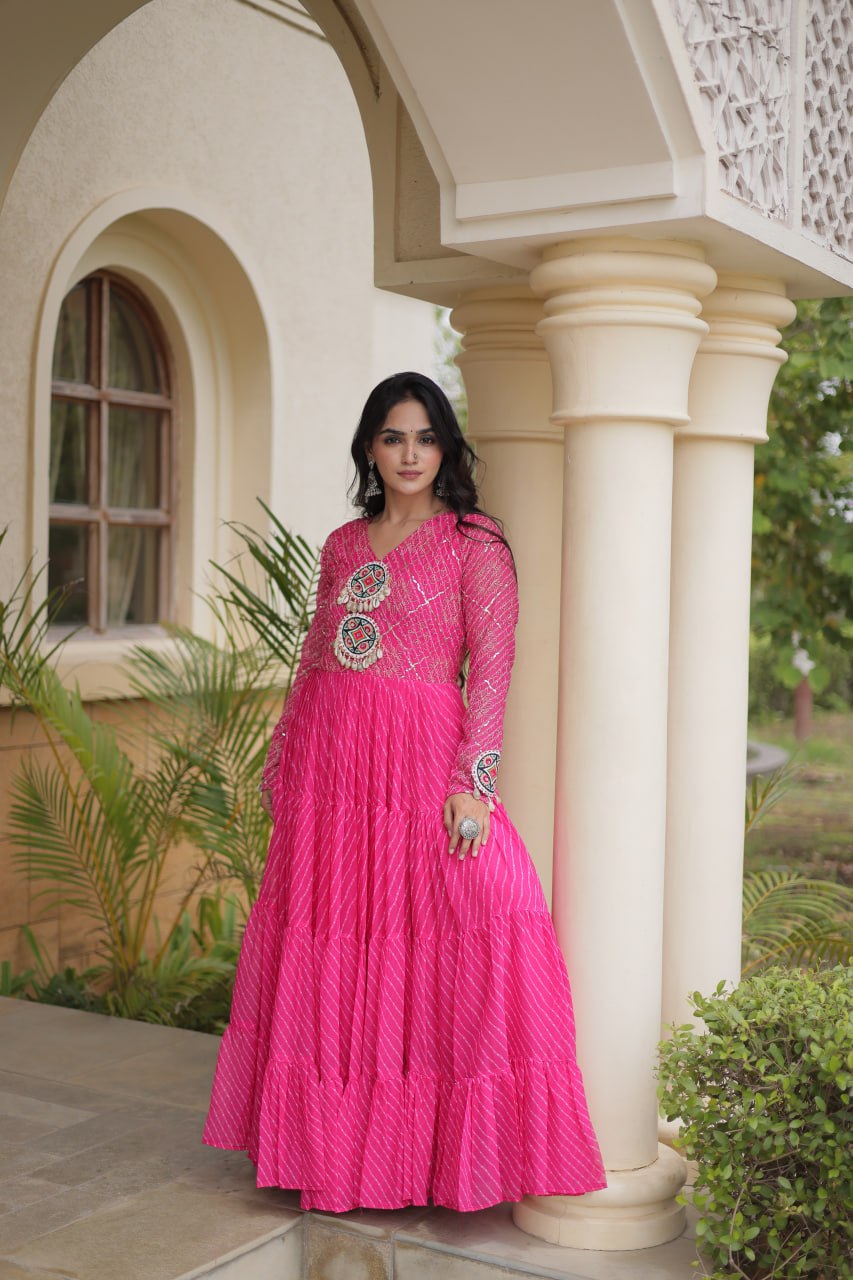 Pink Patchwork Laheriya Print Gown