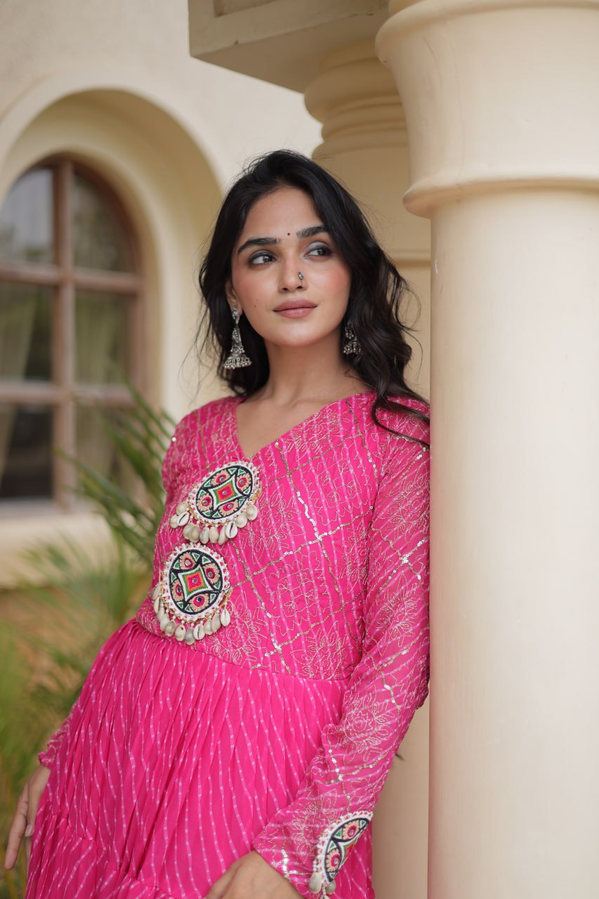 Pink Patchwork Laheriya Print Gown