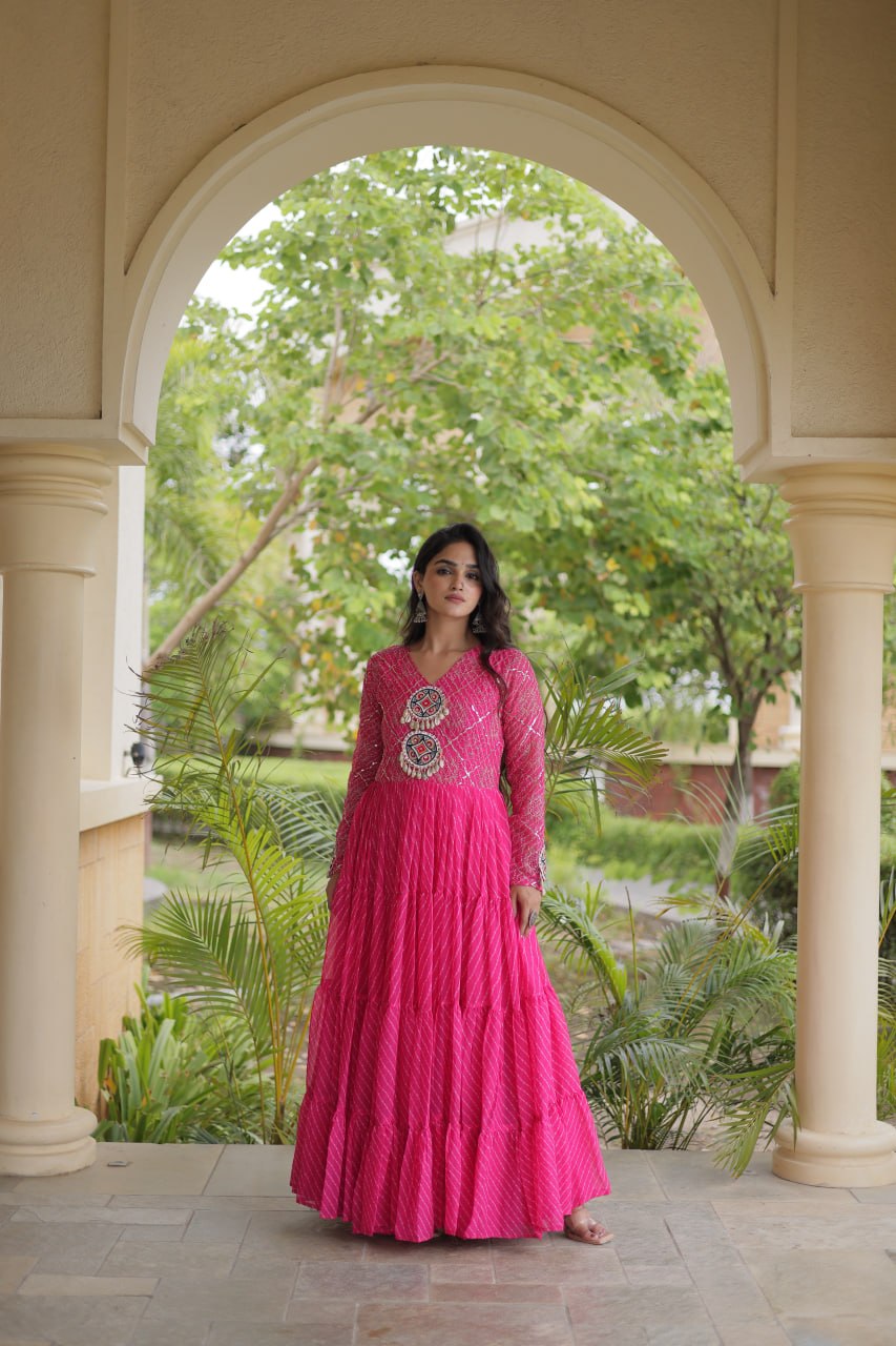 Pink Patchwork Laheriya Print Gown
