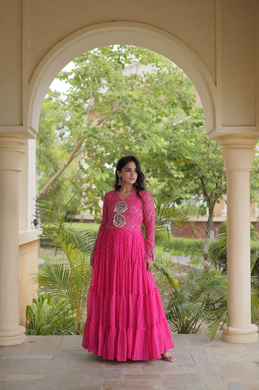 Pink Patchwork Laheriya Print Gown
