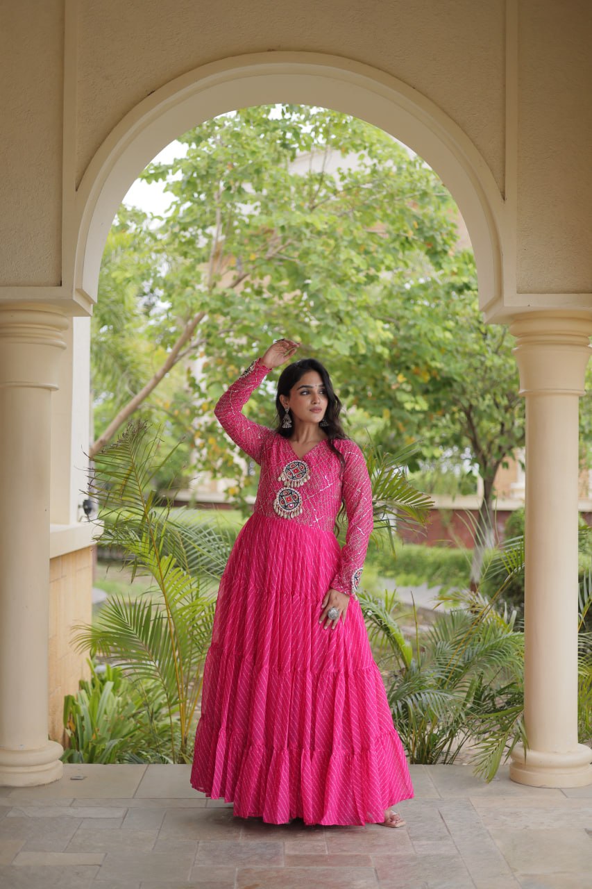 Pink Patchwork Laheriya Print Gown