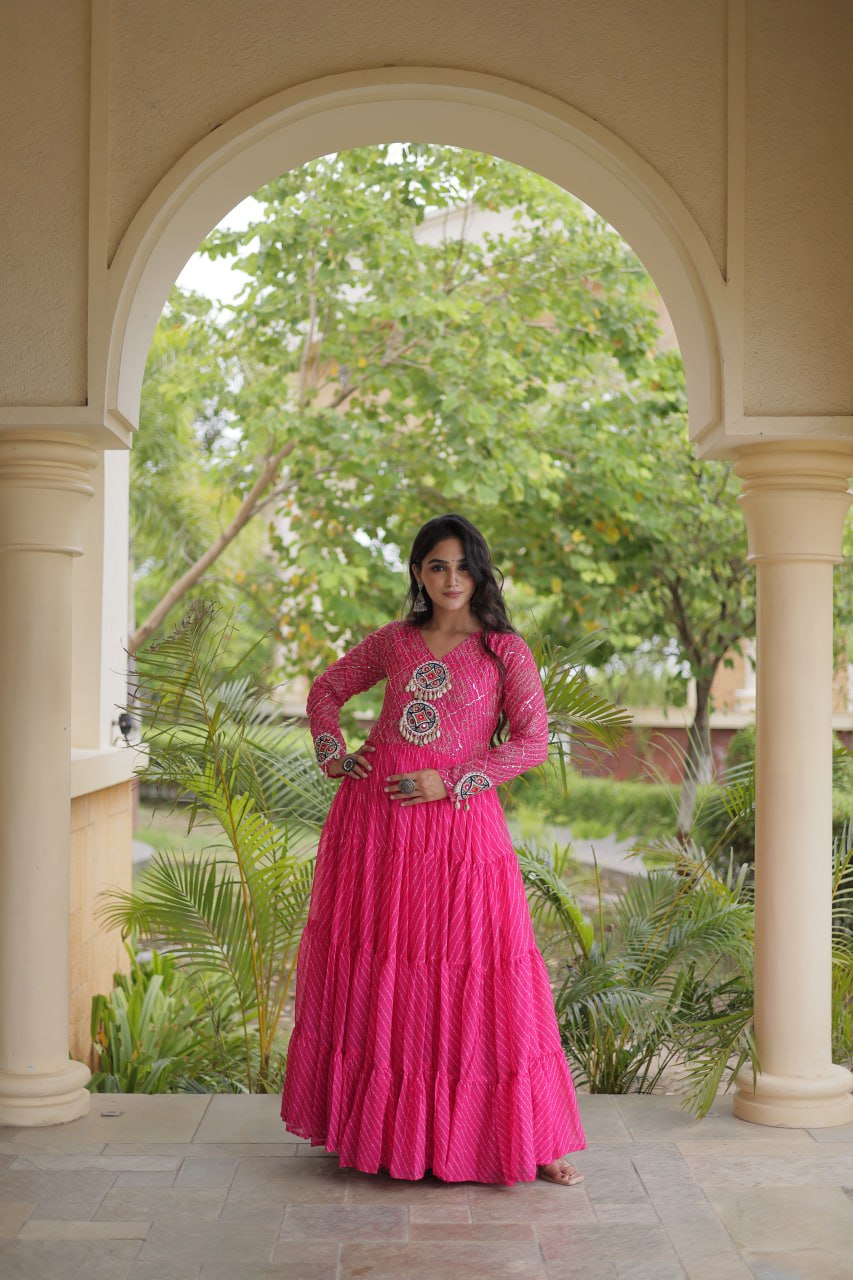 Pink Patchwork Laheriya Print Gown