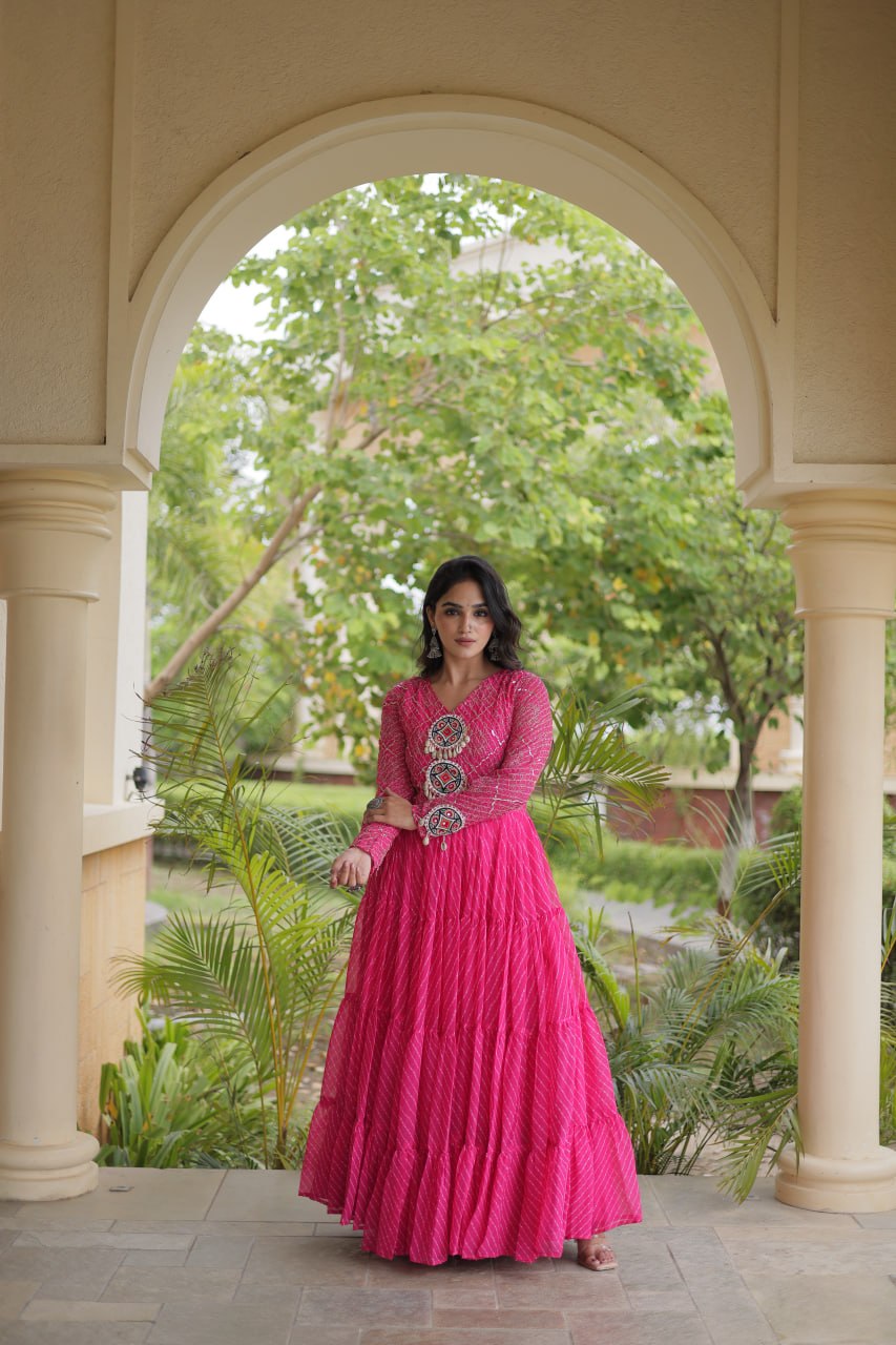 Pink Patchwork Laheriya Print Gown