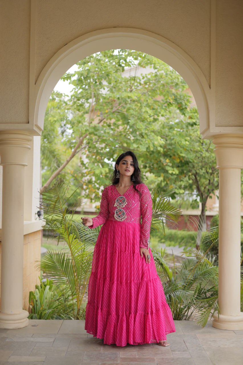 Pink Patchwork Laheriya Print Gown