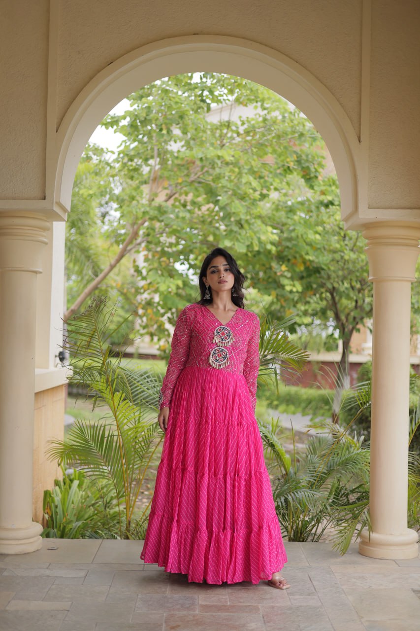 Pink Patchwork Laheriya Print Gown