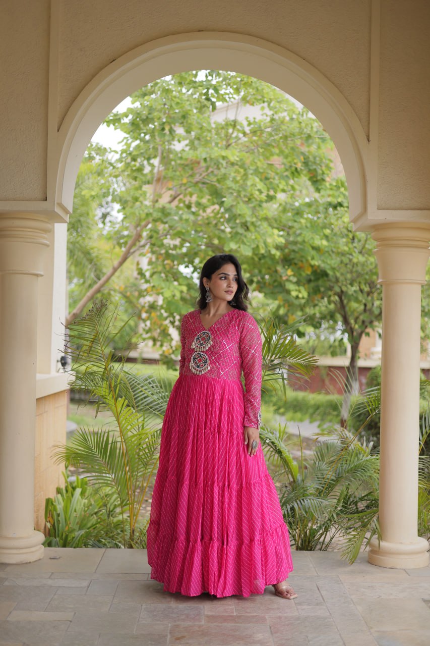 Pink Patchwork Laheriya Print Gown