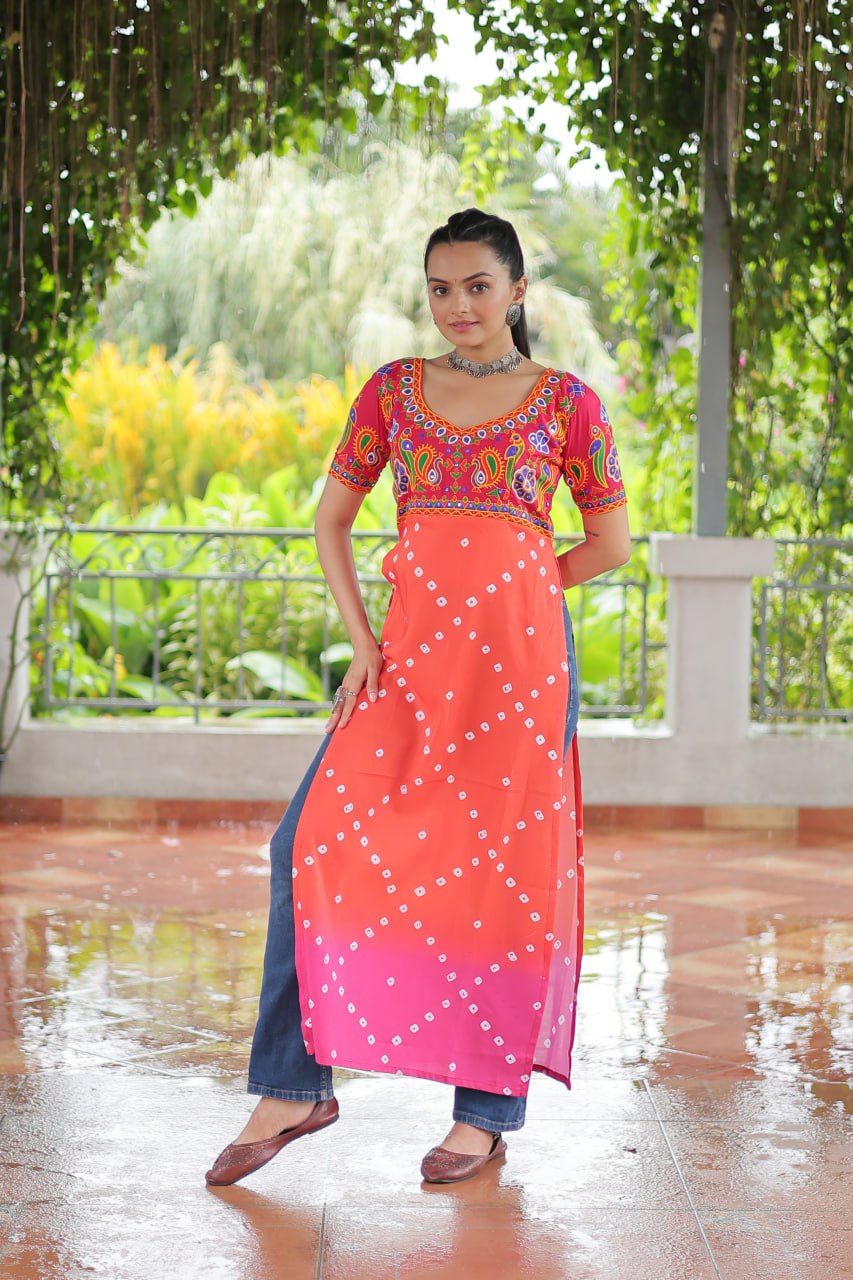 Pink & Peach shade Navratri Special Printed Rayon Kurti with Kutchi Gamthi Embroidery & Pan Neck