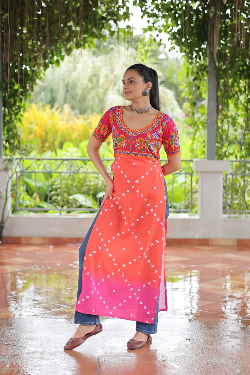 Pink & Peach shade Navratri Special Printed Rayon Kurti with Kutchi Gamthi Embroidery & Pan Neck