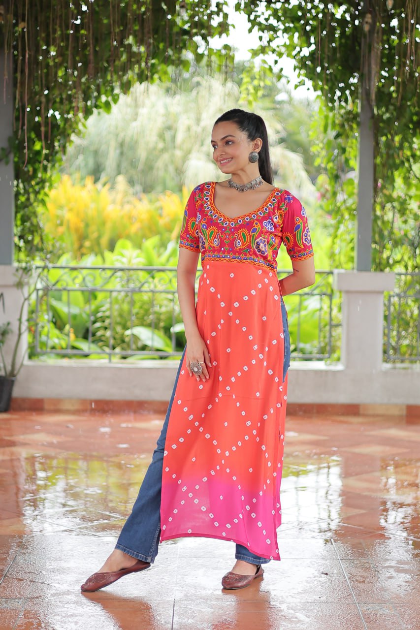 Pink & Peach shade Navratri Special Printed Rayon Kurti with Kutchi Gamthi Embroidery & Pan Neck