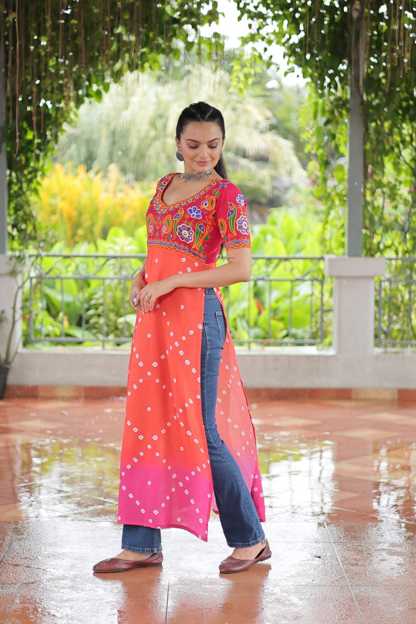 Pink & Peach shade Navratri Special Printed Rayon Kurti with Kutchi Gamthi Embroidery & Pan Neck