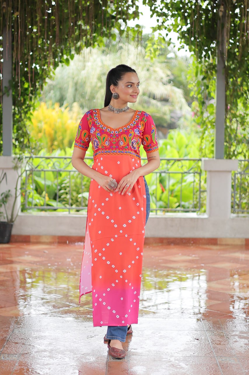 Pink & Peach shade Navratri Special Printed Rayon Kurti with Kutchi Gamthi Embroidery & Pan Neck