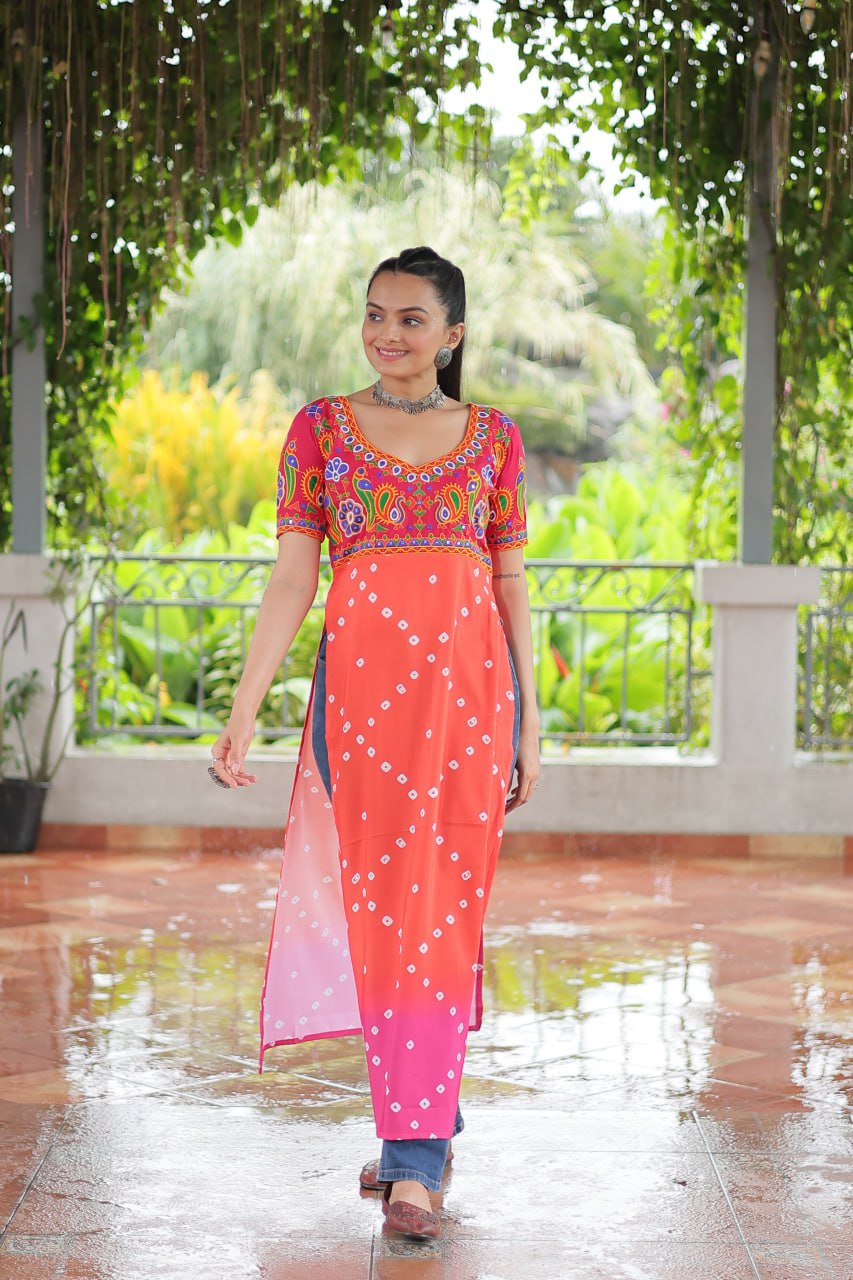 Pink & Peach shade Navratri Special Printed Rayon Kurti with Kutchi Gamthi Embroidery & Pan Neck