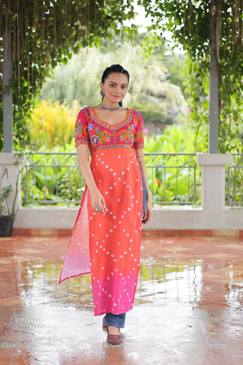 Pink & Peach shade Navratri Special Printed Rayon Kurti with Kutchi Gamthi Embroidery & Pan Neck