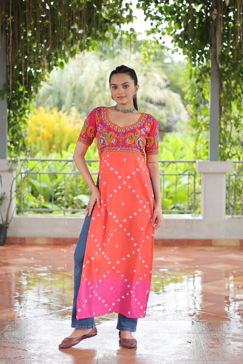 Pink & Peach shade Navratri Special Printed Rayon Kurti with Kutchi Gamthi Embroidery & Pan Neck