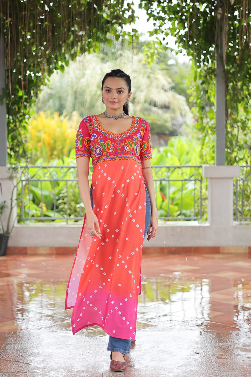 Pink & Peach shade Navratri Special Printed Rayon Kurti with Kutchi Gamthi Embroidery & Pan Neck