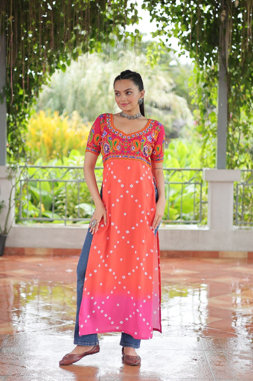 Pink & Peach shade Navratri Special Printed Rayon Kurti with Kutchi Gamthi Embroidery & Pan Neck